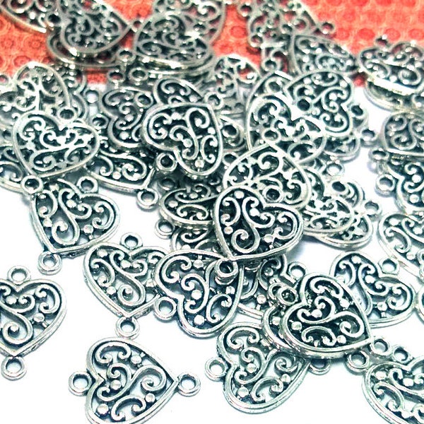 10, 50 or 100 Silver Heart Links - Bulk - Filigree Heart - Decorative Heart Connectors - Valentines - Antique Silver Heart Charm - 19mm