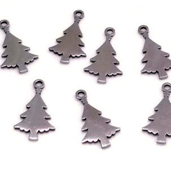 4 or 10  Pine Tree Charms - Stainless Steel - Silver Tree Charm - Christmas Tree Charm - Nature Charm - Tree Pendant - Evergreen Tree - 18mm