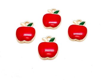 Enamel Apple Charms, Red Green Gold, Fruit Jewelry Pendants (15mm, 4 or 10 pieces)