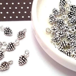 May include: Silver-colored pine cone charms with a loop for jewelry making. Some charms are scattered on a white surface, while others are in a white dish. A brown and white polka dot pattern is in the background.