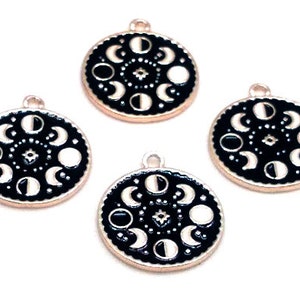 4 or 10 Moon Phase Charms - Enamel Moon Charms - Black White - Moon Phase Pendant - Celestial Charms - 23mm