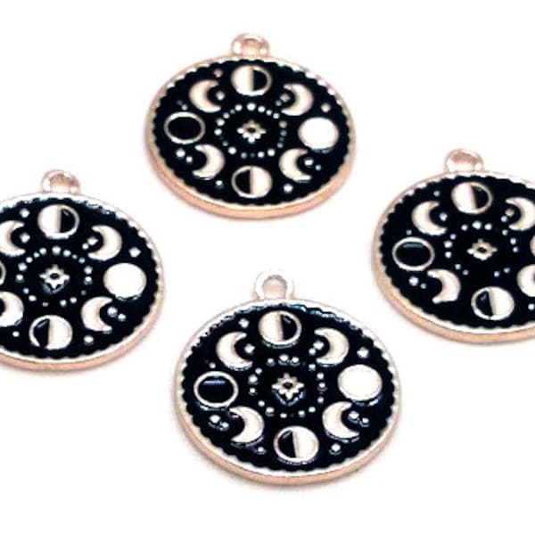 4 or 10 Moon Phase Charms - Enamel Moon Charms - Black White Gold  - Moon Phase Pendant - Celestial Charms - 23mm