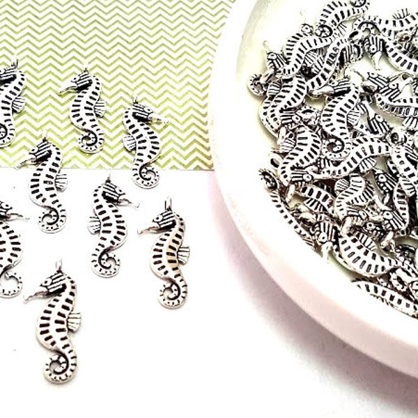 10 or 50 Silver Seahorse Charms -  Charms in Bulk - Ocean Charms - Antique Silver - Lead Free Charms - Bulk Charms - Seahorse Pendant - 21mm