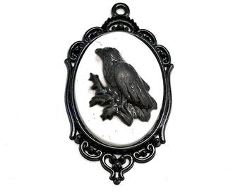 Black Bird Cameo Pendant Charms, Metal & Resin, Raven Crow, Halloween (41mm, 1 or 4pieces)