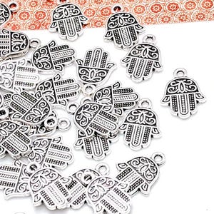 Colgantes de plata con forma de mano de Hamsa, aleación de metal, pequeños colgantes de joyería (16 mm, 10 o 50 unidades)