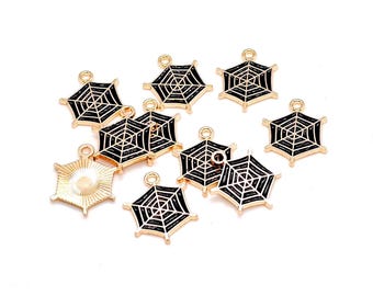 Enamel Spiderweb Charms, Black Gold, Halloween Jewelry Pendants (20mm, 4 or 10 pieces)