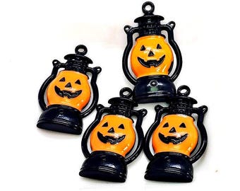 Enamel Pumpkin Lantern Charms, Orange & Black, Jack O Lantern Halloween Pendants (29mm, 4 pieces)