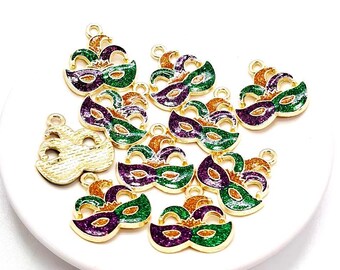 Enamel Mask Charms, Purple Green Gold, Mardi Gras Pendants (19mm, 4 or 10 pieces)