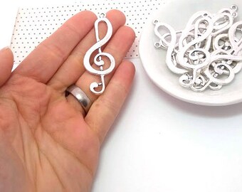 10 Large Treble Clef Charms - Music Charm - Treble Clef Pendant - Lead Free - Charms in Bulk - Musical Theme - Antique Silver - 60mm