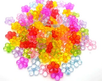 Acrylic Flower Beads, Transparent Assorted Colors, Spring Jewelry, Plastic Bead Supplies (14mm, 100 pieces)