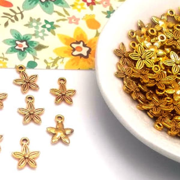 10 or 50 Small Flower Charms - Antique Gold - Plumeria Charm - Charms in Bulk - Lead Free Charms - Gold Flower Pendant - 13mm