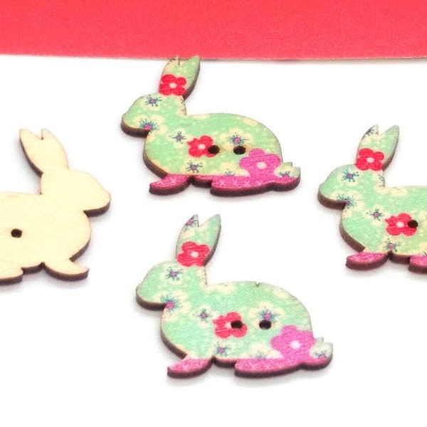 4 Bunny Rabbit Buttons -  Wood Buttons - Wooden Sew on Button - Easter Bunny - Animal Buttons - Sewing Supplies - Colorful - Floral - 30mm
