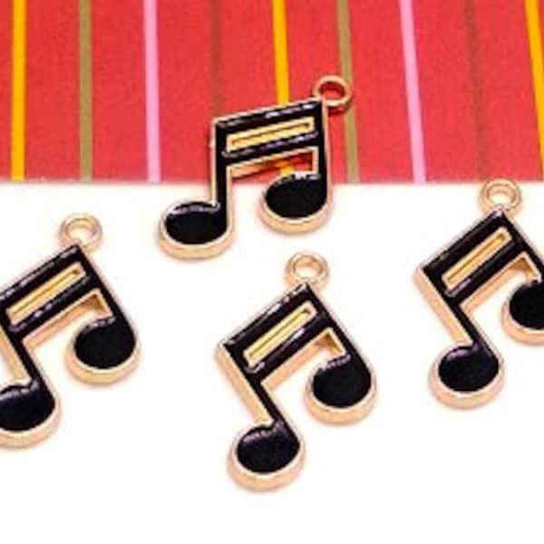 4 or 10 Music Note Charms - Enamel Music Charms- Black and Gold Tone - Music Note Pendant - Black Music Note - Musical Note - 25mm