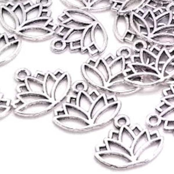 10, 50 or 100 Silver Lotus Flower Charms -  Lotus Charms - Lotus Charms in Bulk - Lead Free - Lotus Flower Pendants - Bulk Charms - 14mm