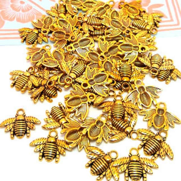 10 or 50 Gold Bee Charms - Antique Gold Tone Charms - Insect Charms - Lead Free - Bee Charms in Bulk - Honey Bee Charms - 16mm