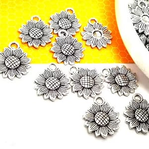 Silver Sunflower Charms, Metal Alloy, Flower Jewelry Pendants (18mm, 10, 50 or 100 pieces)
