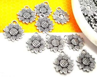 Silver Sunflower Charms, Metal Alloy, Flower Jewelry Pendants (18mm, 10, 50 or 100 pieces)