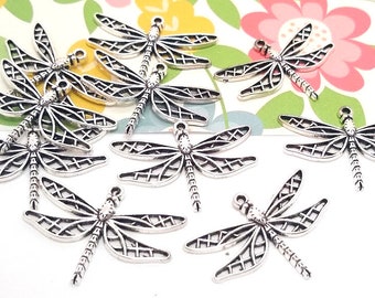 10 or 50 Silver Dragonfly Charms - Large Dragonfly Charm - Lead Free - Charms in Bulk - Dragonfly Pendant - Antique Silver - 25mm