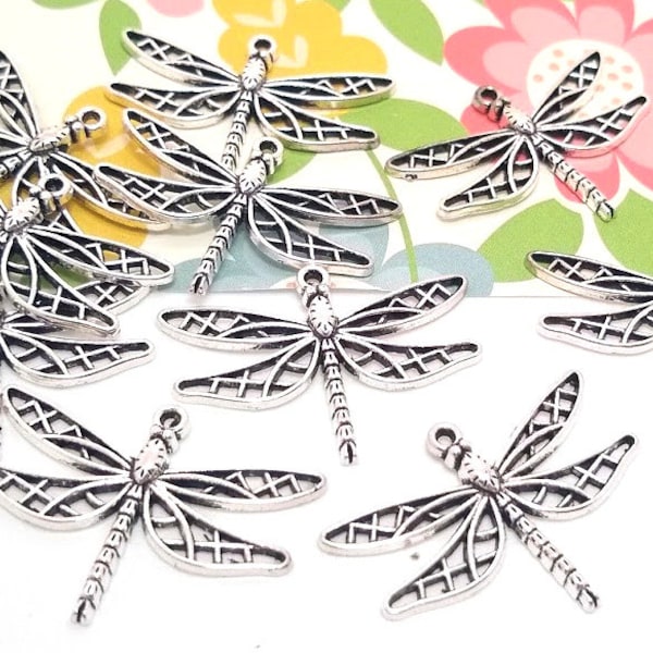 10 or 50 Silver Dragonfly Charms - Large Dragonfly Charm - Lead Free - Charms in Bulk - Dragonfly Pendant - Antique Silver - 25mm