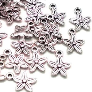 Silver Flower Charms, Metal Alloy, Small Plumeria Jewelry Pendants (13mm, 10 or 50 pieces)