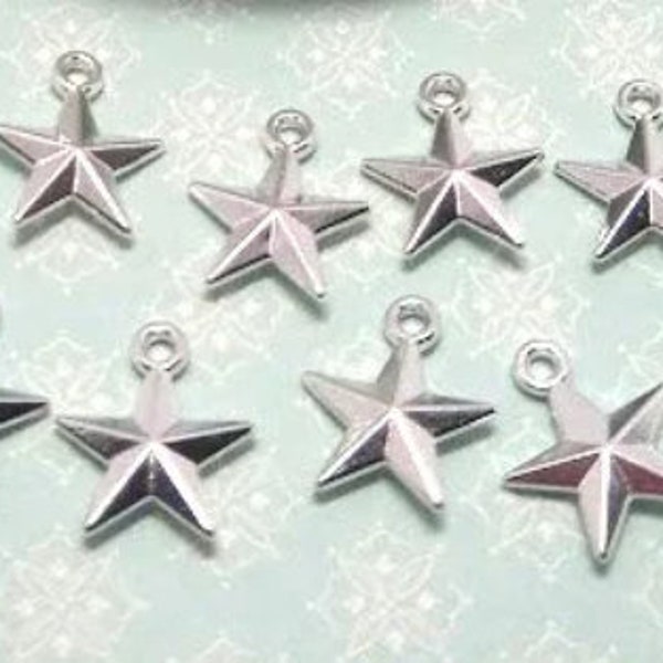 10, 50 or 100 Silver Star Charms -  Bulk Star Charms - Bright Silver - 3D Star - Lead Free - Small Star - Puffed Star - 16mm