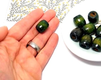 Green Wood Beads, Large Hole, Tube, Vintage Wooden Jewelry, Macrame, Hair Bead (16mm, 8 pieces)