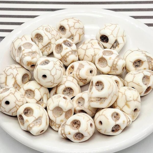 White Howlite Skull Beads, Carved Gemstone Skulls, Halloween Jewelry (12mm, 10, 25 or 50pieces)