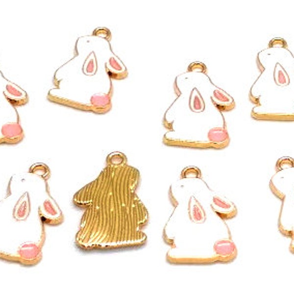 4 or 10 Enamel Rabbit Charms - White and Pink - Bunny Charm - White Rabbit - Easter Charm - Animal Charm - Cute Bunny - Rabbit Pendant -22mm