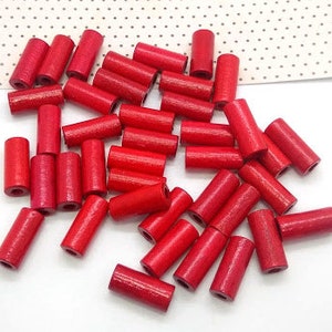 40 Red Tube Wood Beads - Red Wooden Beads - Wood Beads in Bulk - Vintage Wood Beads - Red Tube Beads - 18mm