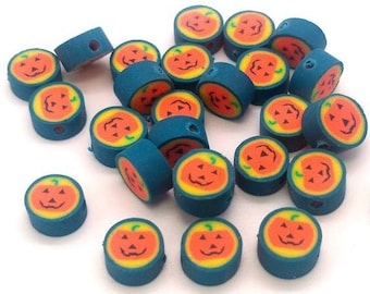 25 or 50 Polymer Clay Pumpkin Beads - Halloween Beads - Flat Round Beads - Jack o Lantern - Beads in Bulk - Halloween Pumpkin - 10mm