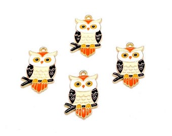 Enamel Owl Charms, Gold Brown Orange White, Halloween Jewelry Pendants (28mm, 4 or 10pieces)