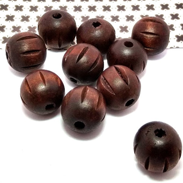 10 Carved Wood Beads - Brown Wooden Beads - Macrame Beads - Beads with Large Hole - Large Hole Wood Beads - Macrame Supplies - 23mm