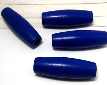 Cuentas de madera azules vintage, agujero grande, suministros de macramé, cuentas para el cabello (2 pulgadas, 4 piezas)