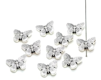 Silver Butterfly Beads, Metal Alloy, Animal Jewelry Bead (14mm, 10 or 50 pieces)