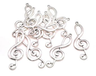 Silver Treble Clef Charms, Metal Alloy, Large Music Pendants (60mm, 10 pieces)