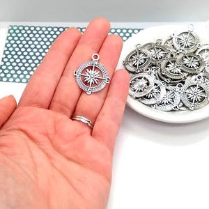 10 or 50 Silver Compass Charms - Compass Pendant - Graduation Charms - Travel Charms - Camping Charms - Hiking Charms - North Star - 29mm