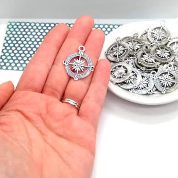 10 or 50 Silver Compass Charms - Compass Pendant - Graduation Charms - Travel Charms - Camping Charms - Hiking Charms - North Star - 29mm