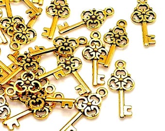 Gold Key Charms, Metal Alloy, Skeleton Key Jewelry Pendants (23mm, 10 or 50 pieces)