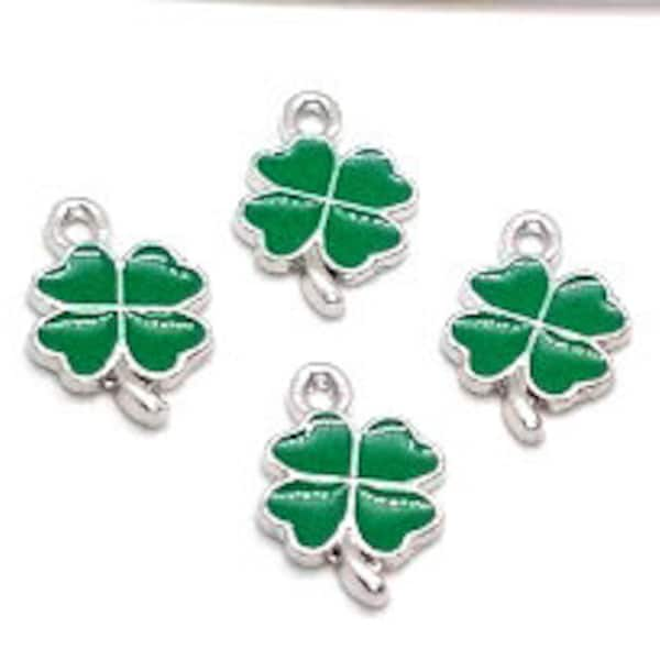 4, 10 or 25 Green Clover Charms - St. Patrick's Day - 4 Leaf Clover - Good Luck Charms - Clover Pendant - Green and Silver - Shamrock - 19mm