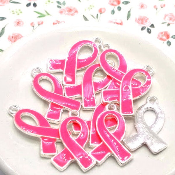 10 Pink Ribbon Charms - Awareness Ribbon - Breast Cancer Awareness - Enamel Ribbon Charm - Pink and Silver - 25mm