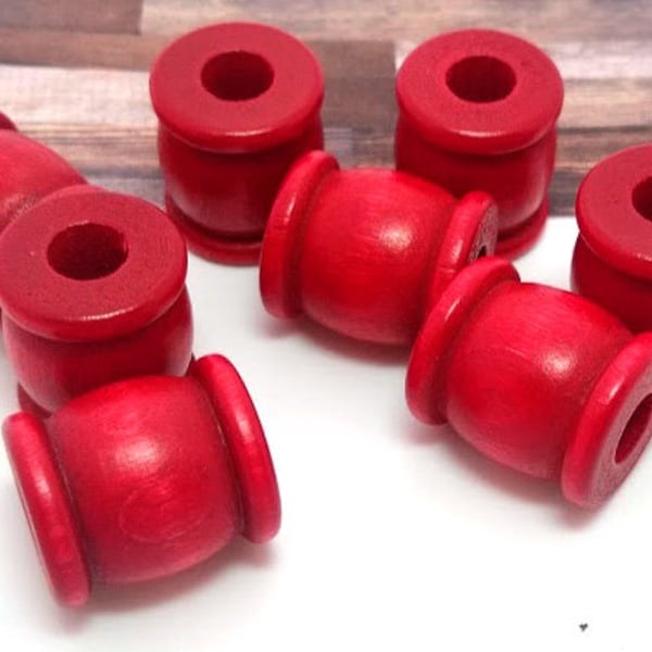 8 or 20 Red Large Hole Wood Beads - Red Wooden Bead - Wood Macrame Beads - Beads with Large Hole - Vintage Macrame Beads - Hair Beads - 22mm