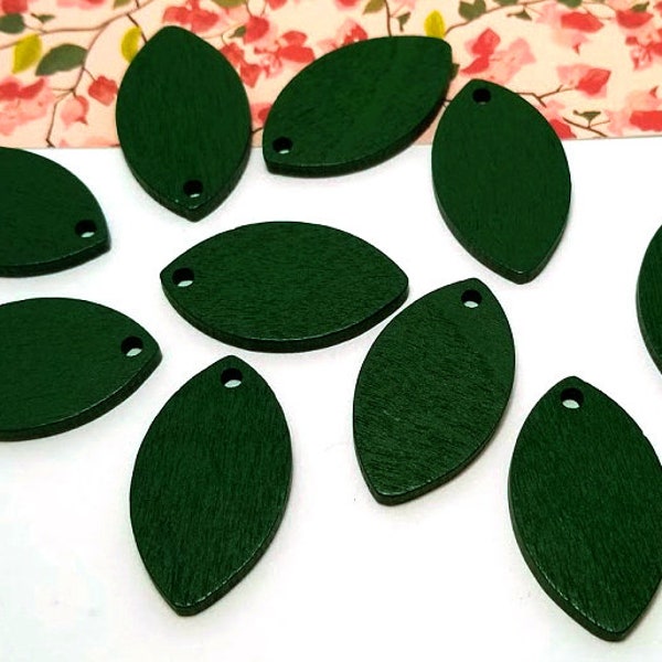 10, 50 or 100 Green Wood Leaves - Wooden Leaf Charms - Wooden Leaves - Leaf Pendant - Wooden Shapes - Dark Green - Wood Beads  - 31mm