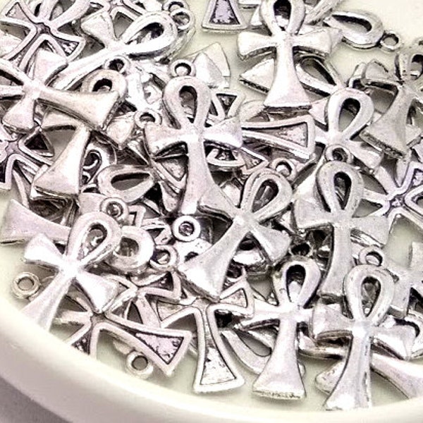 10 Silver Ankh Charms - Antique Silver - Ankh Pendant - Egyptian - Lead Free Charms - Charms in Bulk - Small Ankh - 22mm