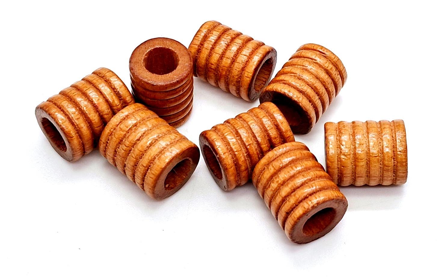 8 Brown Wooden Beads - Vintage Wood Beads - Large Hole - Cylinder Beads - Grooved Wood Bead - Natural Wood Beads - Wooden Tube Beads - 20mm