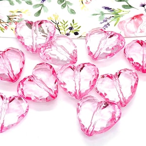 10 or 30 Pink Heart Beads - Acrylic Heart Beads - Large Heart Bead - Faceted Heart Beads - Valentines Day - Pink Plastic Heart Bead - 25mm