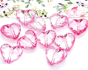 Pink Acrylic Heart Beads, Large Faceted Plastic Heart, Jewelry Craft (25mm, 10 or 30pieces)