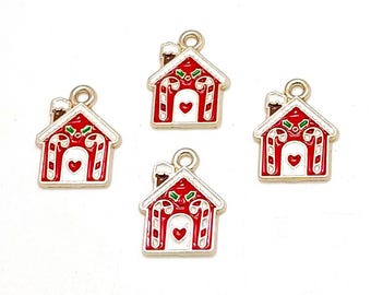 Enamel Christmas House Charms, Gold Tone, Gingerbread Candy Cane Holly (18mm,4 or 10pieces)