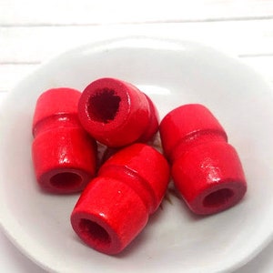 4 Red Large Wood Beads - Red Wooden Bead - Beads with Large Hole - Vintage Wood Macrame Bead - Hair Beads - Grooved Tube - 29mm