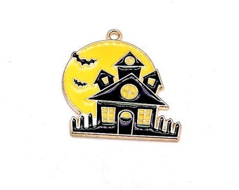 Haunted House Charms, Yellow Black Gold, Enamel Halloween Pendants (30mm, 4 or 10 pieces)