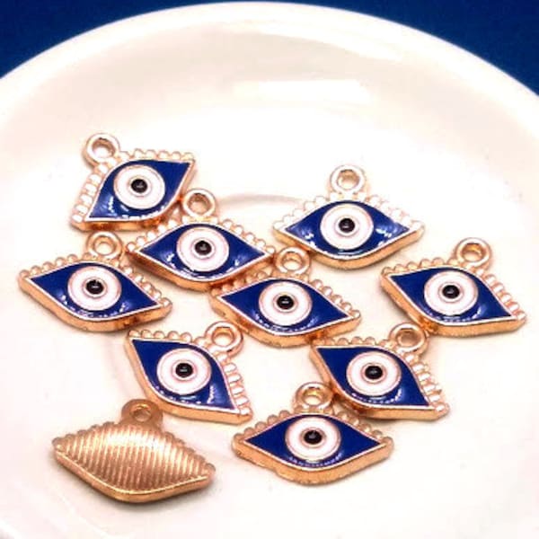 4 or 10 Evil Eye Charms - Enameled Charms - Blue and Gold  - Evil Eye Pendant - Small Evil Eye Charms - 12mm